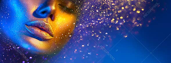 Fashion model woman face in bright sparkles, colorful neon lights, beautiful sexy girl lips. Trendy glowing gold skin makeup