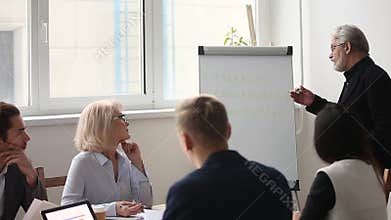 Mature grey haired business coach giving presentation to executive managers