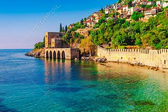 Landscape of ancient shipyard near of Kizil Kule tower in Alanya peninsula, Antalya district, Turkey, Asia. Famous tourist