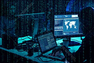 Wanted hackers coding virus ransomware using laptops and computers. Cyber attack, system breaking and malware concept.