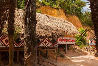 Large house covered with sape grass, Indigenous tribe village near Manaus, Amazonas State, Brazil