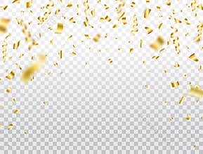 Gold confetti on transparent background. Falling shiny golden confetti. Party backdrop. Bright glitter festive tinsel