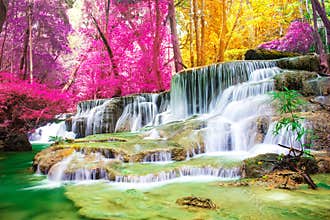 Beautiful waterfall in wonderful autumn forest of national park, Huay Mae Khamin waterfall, Kanchanaburi Province