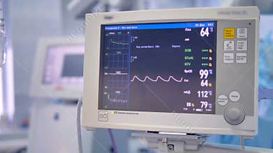 Medical device ecg monitor in surgery shows patients parameters - heartbeat, blood pressure.