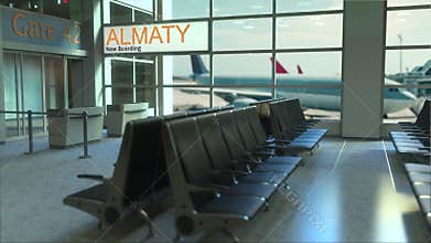 Almaty flight boarding now in the airport terminal. Travelling to Kazakhstan conceptual intro animation, 3D rendering