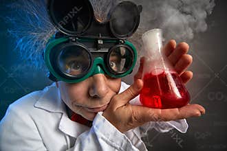 Funny professor with test tube