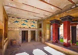 Copies of fresco in a hall at the palace of Knossos, famous ancient city in Crete.