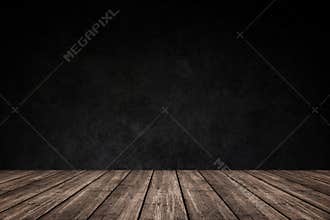 Empty wooden floor with dark concrete wall background, For product display.
