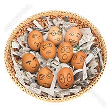 egg face in basket. newspapers. orphaned. dumped
