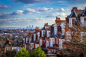 London, England - Panoramic skyline view of London and the skyscrapers of Canary Wharf