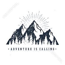 Hand drawn inspirational label. Traveling through wild nature.