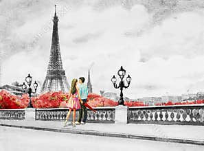 France, eiffel tower and couple young boys, woman