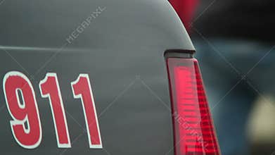 Police 911 car steel part, emergency phone on security vehicle