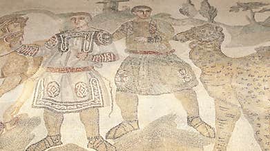 Mosaic fragment Roman Villa Romana del Casale, Sicily, UNESCO World Heritage Site