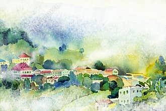 Watercolor painting village view on hill mountain