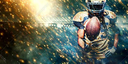 American football sportsman player on stadium running in action. Sport wallpaper with copyspace.