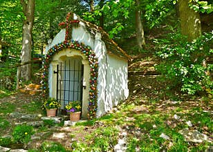 Tiny chapel in Bavaria with traditional Easter decoration