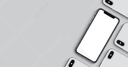 Smartphones like iPhone X mockup banner with copy space on gray background