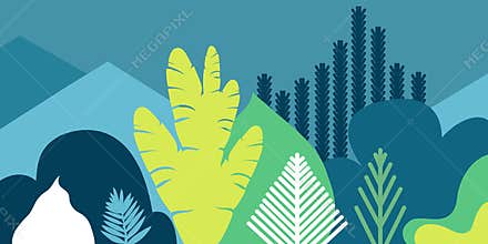 Card banner invitation with tropical landscaping plants trees hills and mountains. Preservation of the environment, ecology.