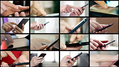 Collage of different people hands texting SMS on smartphones
