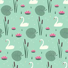 White swans, water lily, bulrush and leaves seamless pattern on mint green background.