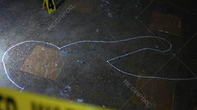 Sliding past a chalk outline at an active police crime scene for a homicide case