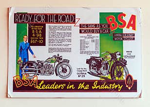 1934 BSA O.H.V. Vee Twin Motorcycle Wall Poster.