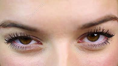 Eyes close-up, beautiful actress on casting to reality show. Woman flirting