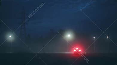 A car turning to amazing dark night highway. Incredible atmospheric cinematic shot. Scenic sky and bokeh city lights.