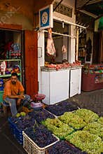 Butcher and greengrocer in the medina. Marrakesh . Morocco