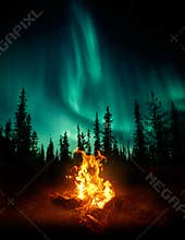 Campfire In The Wilderness With The Northern Lights