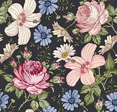 Seamless pattern. Realistic isolated flowers. Vintage background. Chamomile Rose hibiscus mallow. Wallpaper. Drawing engraving.