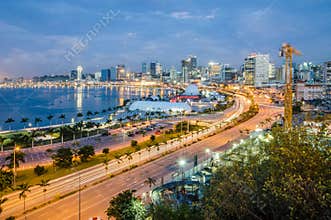 Skyline of capital city Luanda, Luanda bay and seaside promenade with highway during afternoon, Angola, Africa