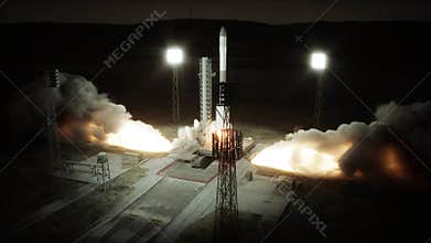 Rocket launch animation. Daylight. Space launch system. 3d rendering.
