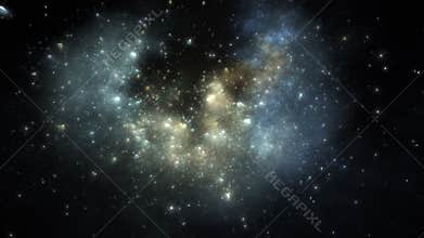 Space Flight Through Nebula. Globular nebula with cometary knots in deep space