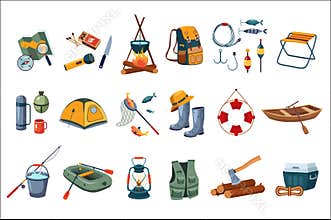 Camping icon set. Tourist equipment, items for fishing. Outdoor activity. Summer recreation. Flat vector design