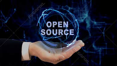 Painted hand shows concept hologram Open source on his hand