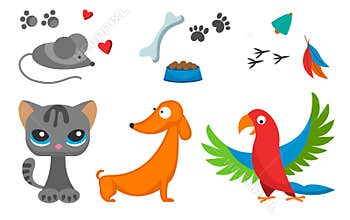 Cat and mouse cute kitty pet dog parrot cartoon cute animal cattish character catlike illustration