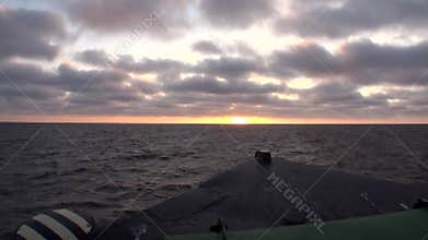 Waves and water surface view from bow ship in Arctic Ocean on New Earth Vaigach.