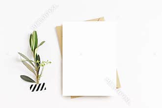 Feminine stationery, desktop mock-up scene. Blank greeting card, craft envelope, washi tape and with olive branch.White