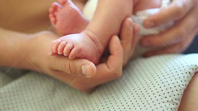 Close-up of a newborn baby`s leg in his father`s palm. Male tenderness. Contact the skin to the skin. Father`s Day