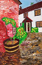 Courtyard painting in oil and acrylic