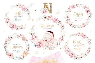 Cute newborn watercolor baby. New born child illustration girl and boy painting. Baby shower isolated birthday painting