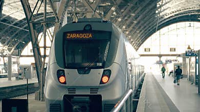 Modern train to Zaragoza. Travelling to Spain conceptual intro clip