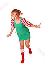 Cute blond girl with freckles and emotions green