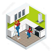 Isometric assembly of kitchen of furniture in the studio apartment concept. Repairman in overalls repairing cabinet