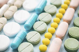 Opioid painkillers crisis and drug abuse concept. Opioid and prescription medication addiction epidemic. Different kinds of multi