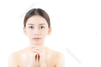 Beautiful girl with makeup, woman and skin care concept / attractive asia girl smilling on face isolated