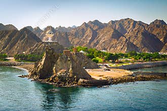 Landscape of Muscat, Oman with Muttrah incense burner, Middle East.