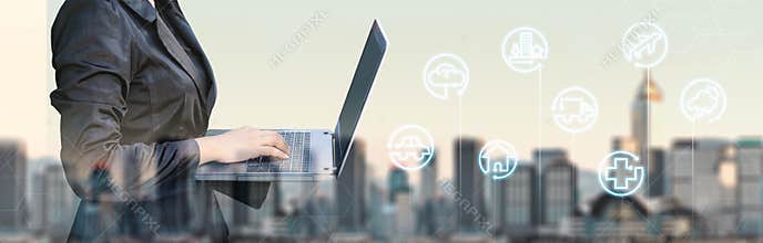 Businesswoman use latop computer using augmented reality AR